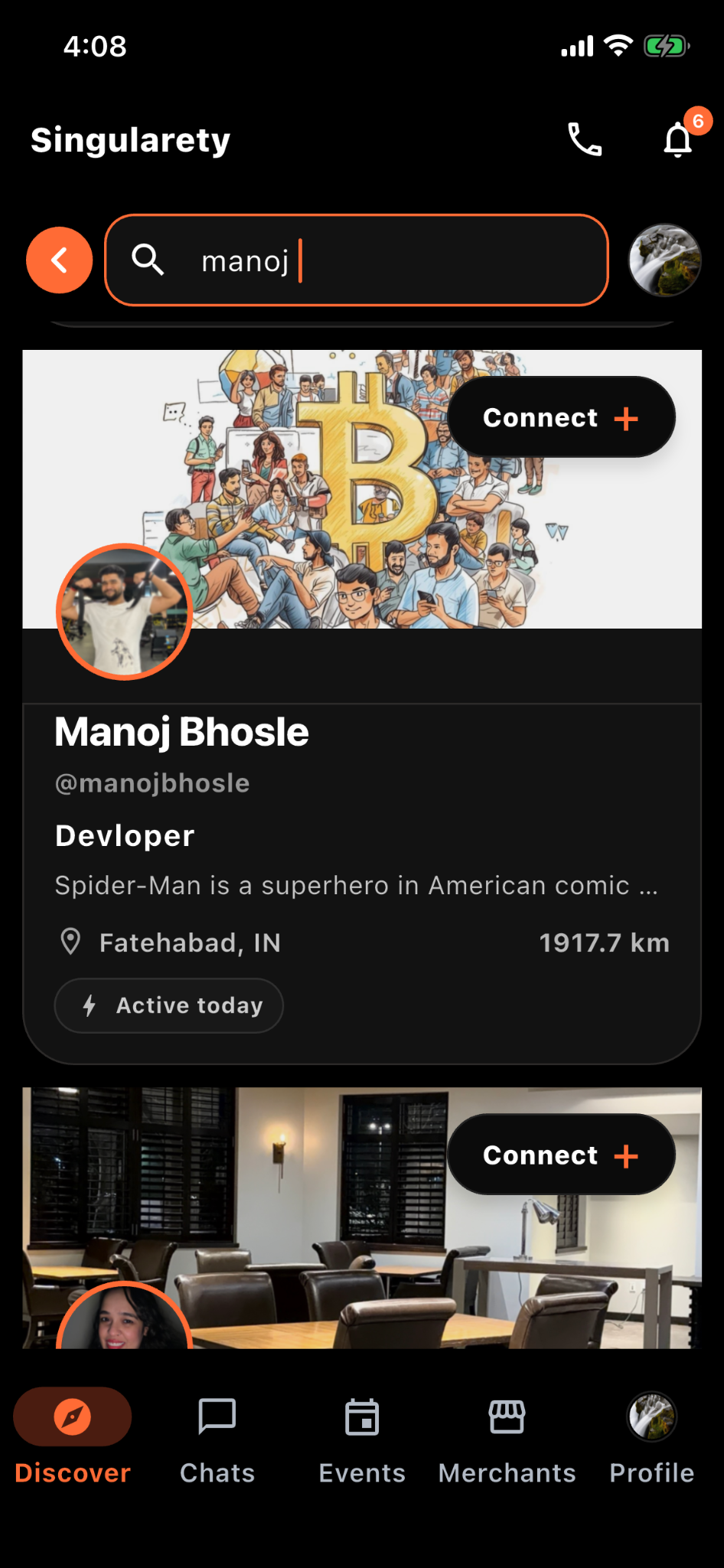 Singularety Discover screen showing nearby Bitcoiners