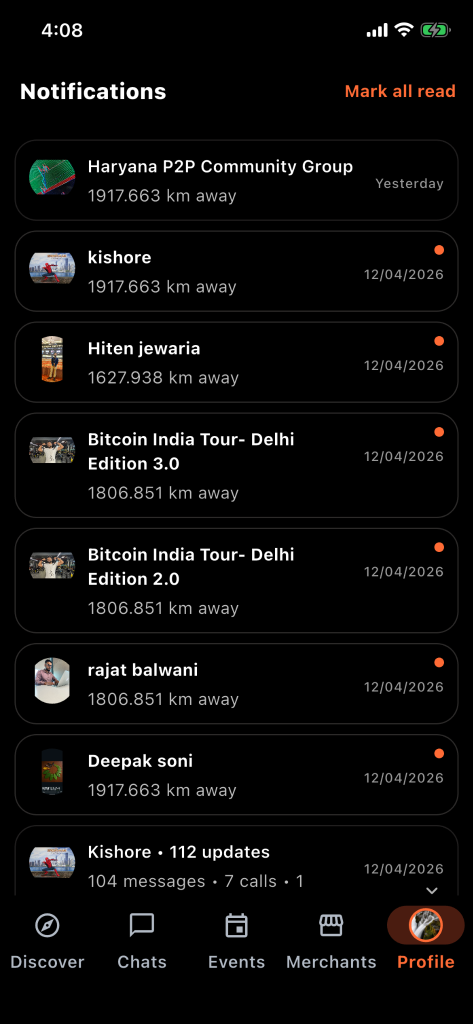 Singularety notifications screen